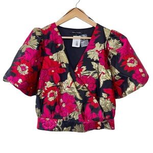 Jealous Tomato Floral Puff Sleeve Wrap Top Small Love You More Black, Pink, Gold